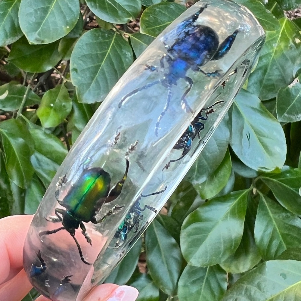 VINTAGE CLEAR LUCITE LARGE BANGLE BRACELET W/ VIVID COLORS BEETLES STATEMENT - Picture 12 of 16